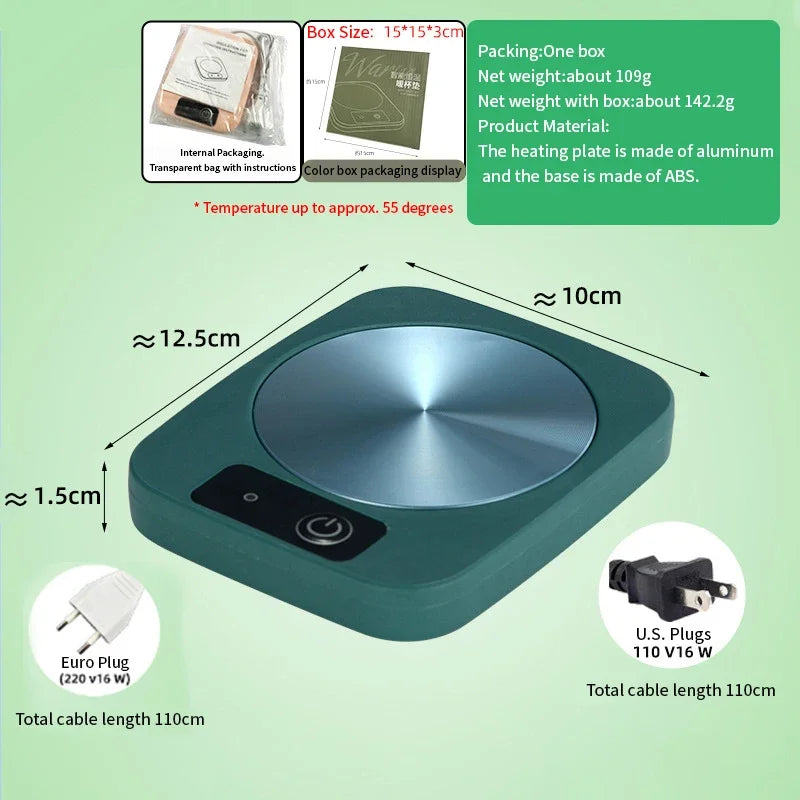 Smart Constant - Temp Cup Warmer, 55℃ Metal Panel, Multi - Mug Compatible, 16W Low - Power, Office/Home Heating Mat US/EU