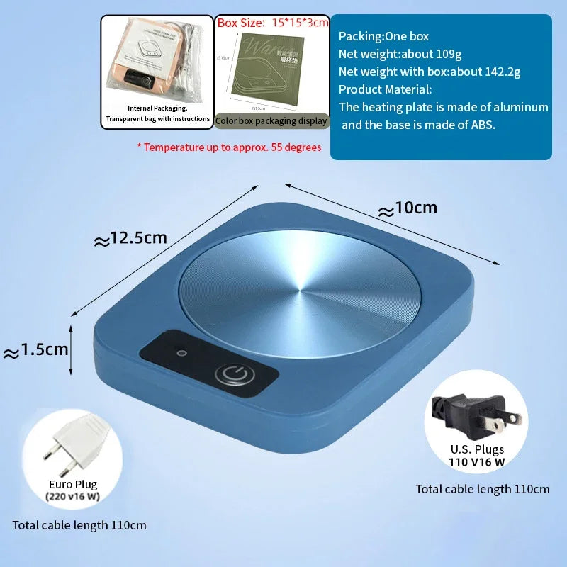 Smart Constant - Temp Cup Warmer, 55℃ Metal Panel, Multi - Mug Compatible, 16W Low - Power, Office/Home Heating Mat US/EU